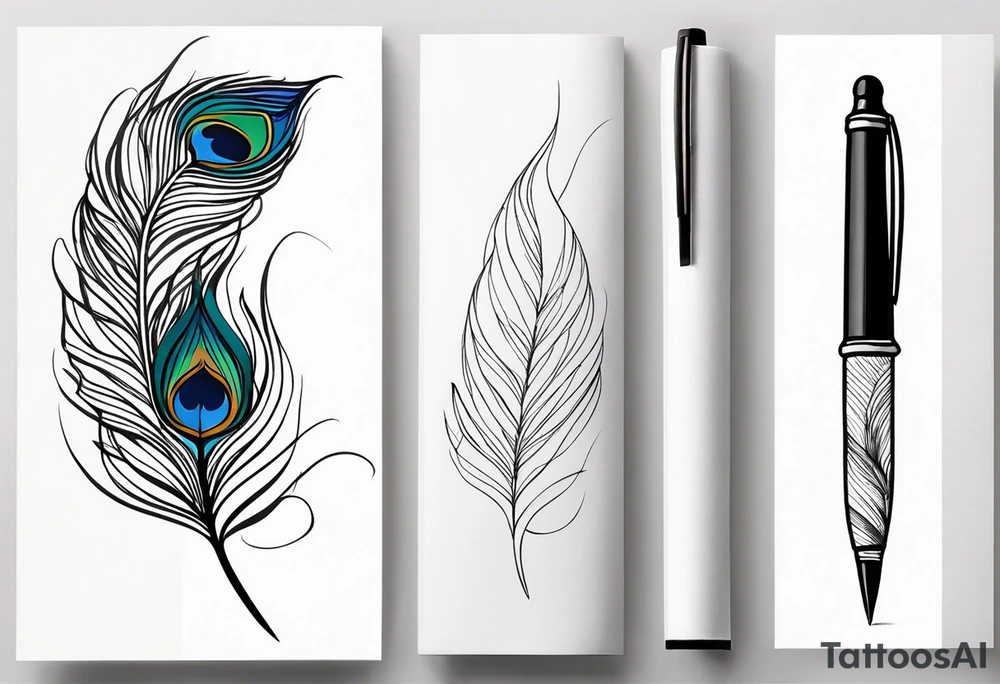 pen intertwined with peacock feather tattoo idea