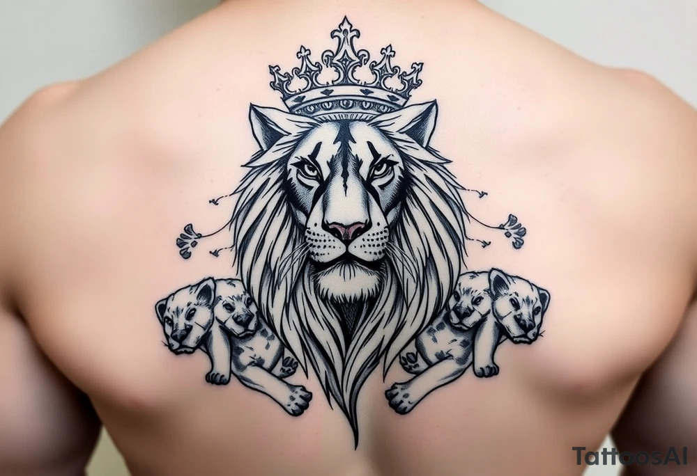 powerful majestic lioness with a crown, surrounded by cub prints tattoo idea