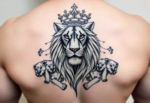 powerful majestic lioness with a crown, surrounded by cub prints tattoo idea