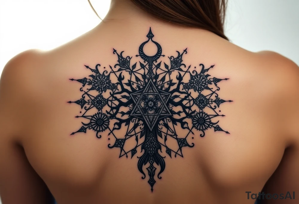Sephiroth tree tattoo with sacred geometry and cosmic elements 10 Sephiroth Kabbala tattoo idea