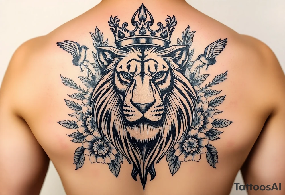 powerful majestic lion with a crown, surrounded by floral ornaments and birds tattoo idea