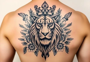 powerful majestic lion with a crown, surrounded by floral ornaments and birds tattoo idea