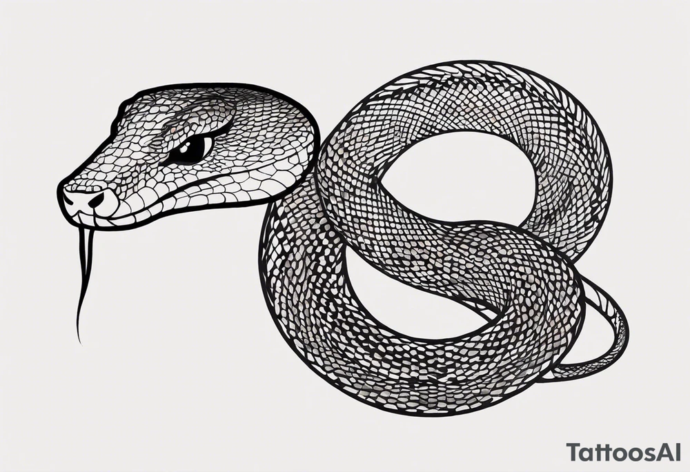 Create a detailed sketch of a snake tattoo. The design should feature a coiled snake with intricate scales and a dynamic, flowing pose. Emphasize the snake's head with a slightly menacing expression, its forked tongue flicking out. Include subtle shading to highlight the texture of the scales and give the design a sense of depth. The overall style should be clean and bold, suitable for a tattoo, with a focus on both artistic and anatomical accuracy. Consider incorporating elements like floral or geometric patterns in the background to complement the snake tattoo idea