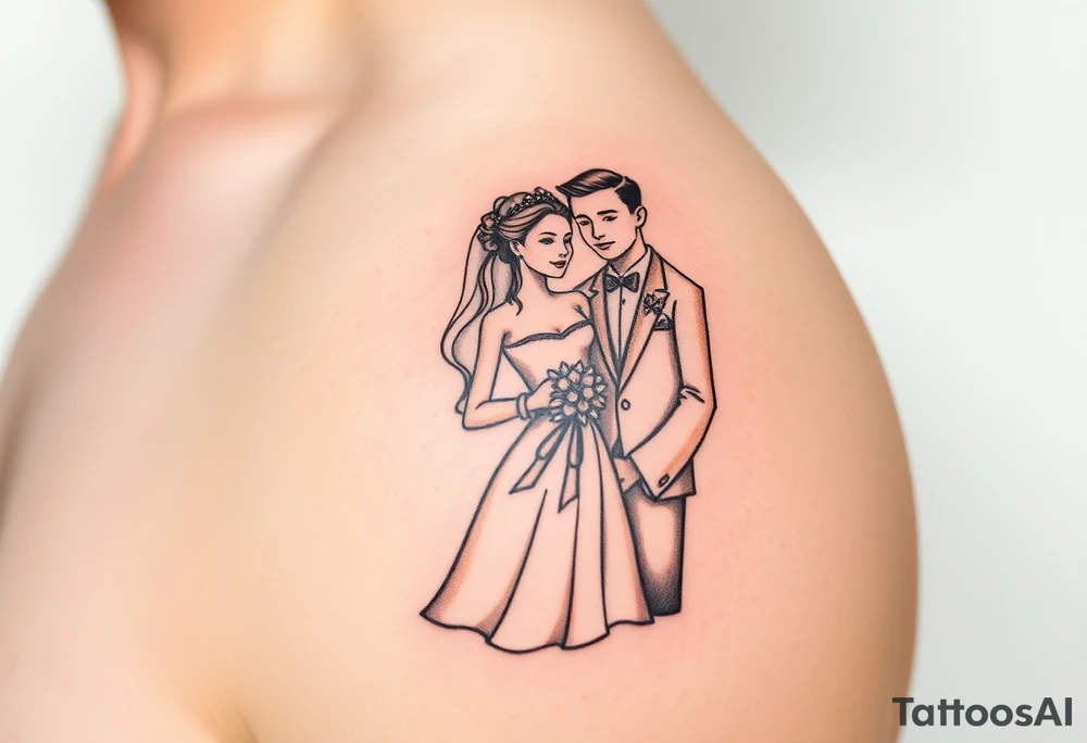 A softly shaded vintage-style illustration of a bride and groom, with sepia tones for an old-world charm tattoo idea