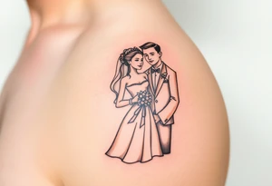 A softly shaded vintage-style illustration of a bride and groom, with sepia tones for an old-world charm tattoo idea