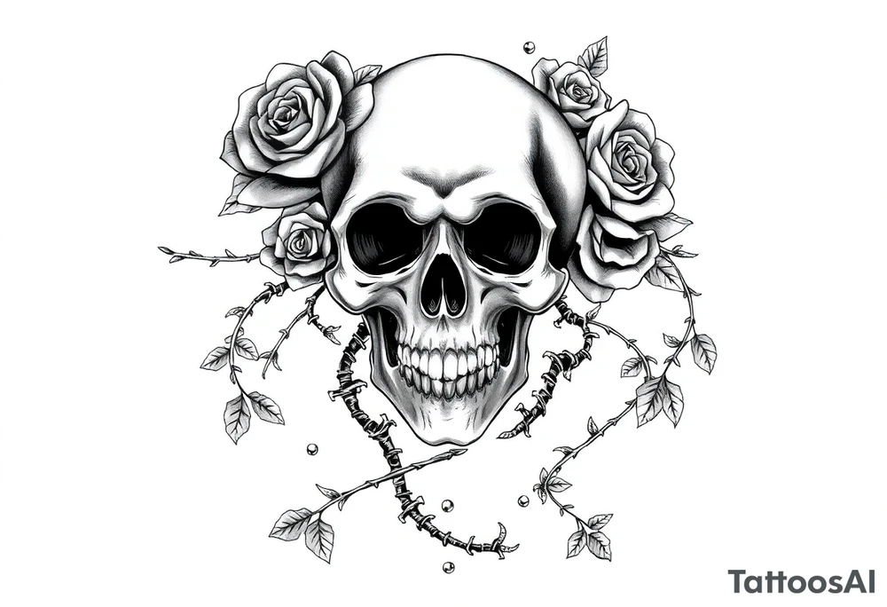 gothic skull intertwined with climbing roses and thorny vines tattoo idea