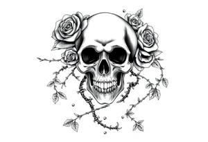 gothic skull intertwined with climbing roses and thorny vines tattoo idea