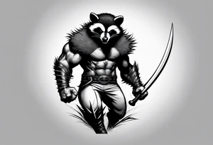 Draw me badger/wolverine with aggressive full body show, killer face with cute smile, very long nails and he attacks like a Turkish gladiator to enemy and also he has very deadly looking. tattoo idea