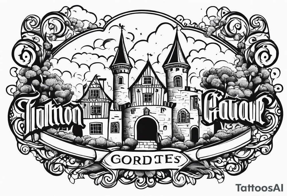 medieval town houses open gate towers garden circle vignette surrounded by clouds tattoo idea
