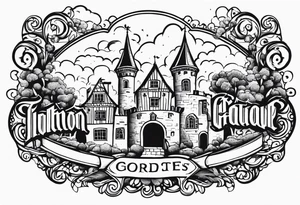 medieval town houses open gate towers garden circle vignette surrounded by clouds tattoo idea