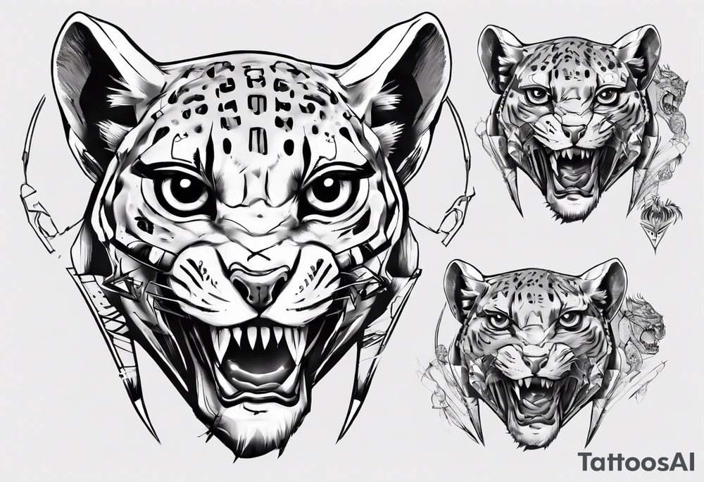 cybernetic ocelot full body teeth showing tattoo idea