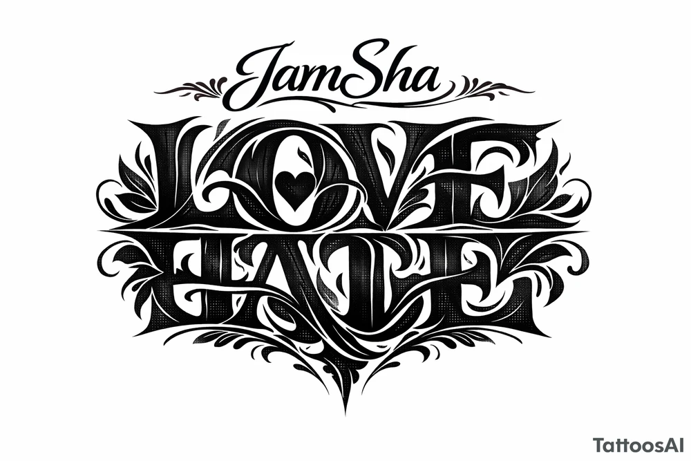 Love and hate combine to be one word read upright to spell love and upside down to spell hate under the word JamSha tattoo idea