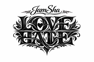 Love and hate combine to be one word read upright to spell love and upside down to spell hate under the word JamSha tattoo idea