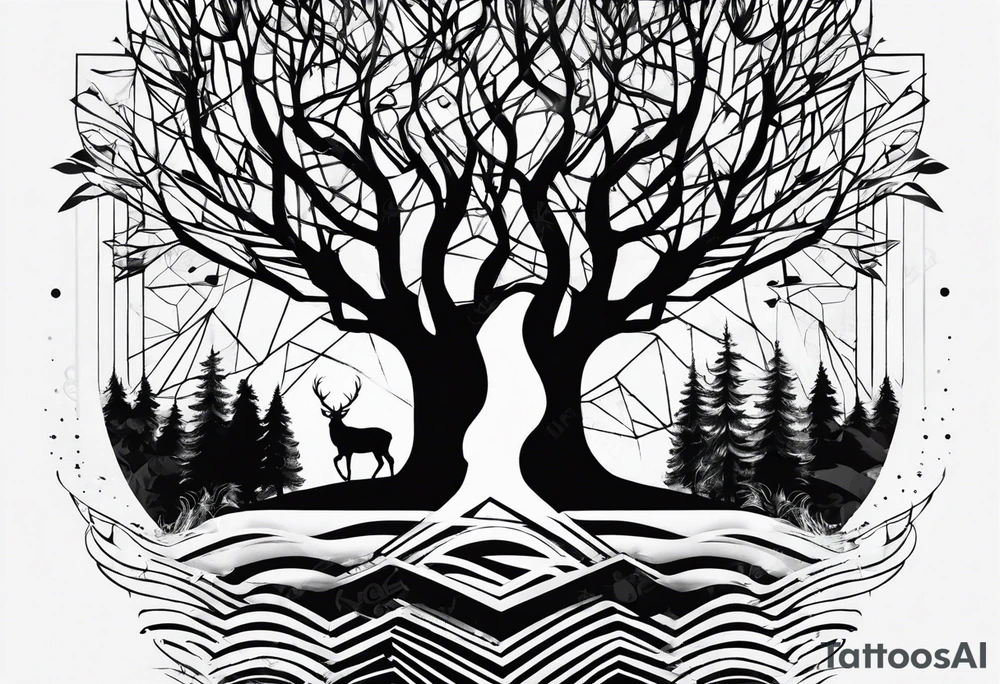 Wald silhouette mit geometric Muster im Hintergrund tattoo idea