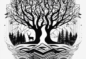 Wald silhouette mit geometric Muster im Hintergrund tattoo idea
