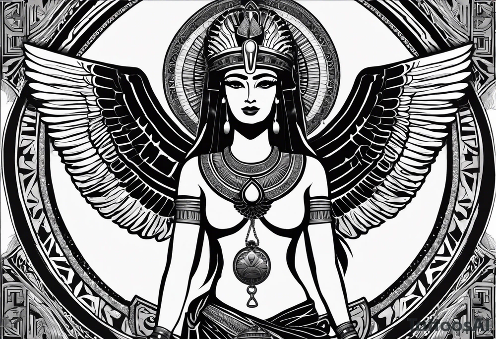 black and white Egyptian goddess Isis, who is often depicted as a woman with outstretched wings, holding an ankh (a symbol of life) in one hand and a lotus flower in the other. Her headdress often includes a throne or a solar disk. The tattoo design can vary in style and size, but it typically aims to capture the essence of this revered Egyptian deity, emphasizing her beauty, power, and maternal qualities. The choice of colors and additional elements can also be customized to create a unique and visually striking representation of the goddess Isis tattoo idea