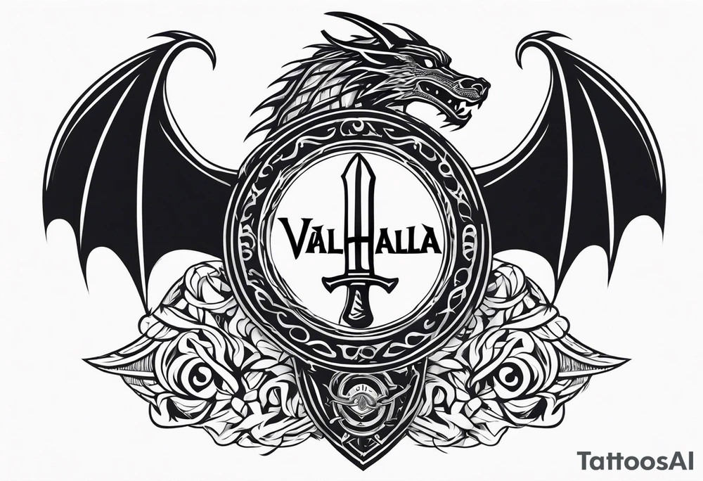 Valhalla sword shield dragon head axe tattoo idea