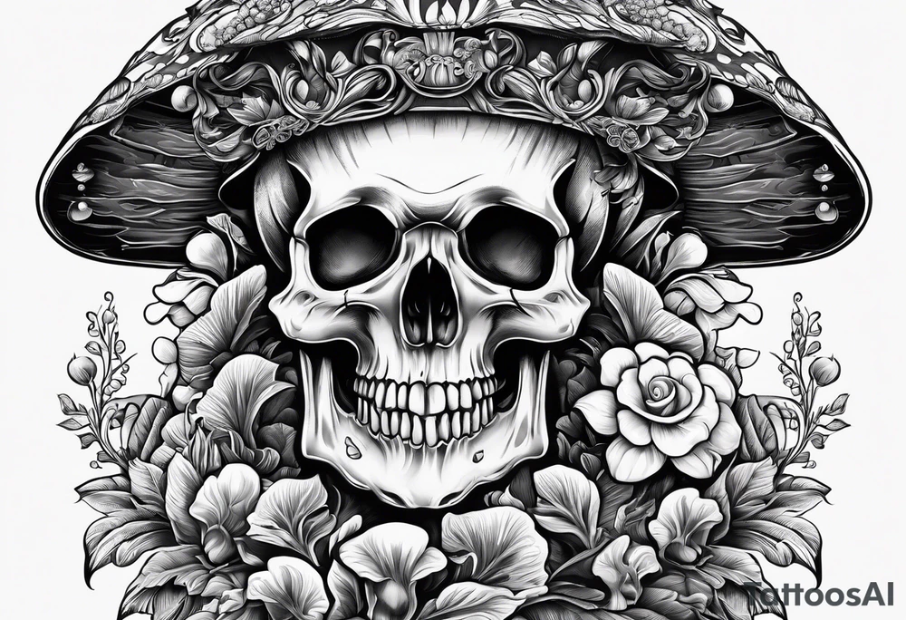 Mushroom, plant, skull, angel numbers tattoo idea