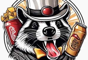badger with mouth open with soda can and chips in hands tattoo idea