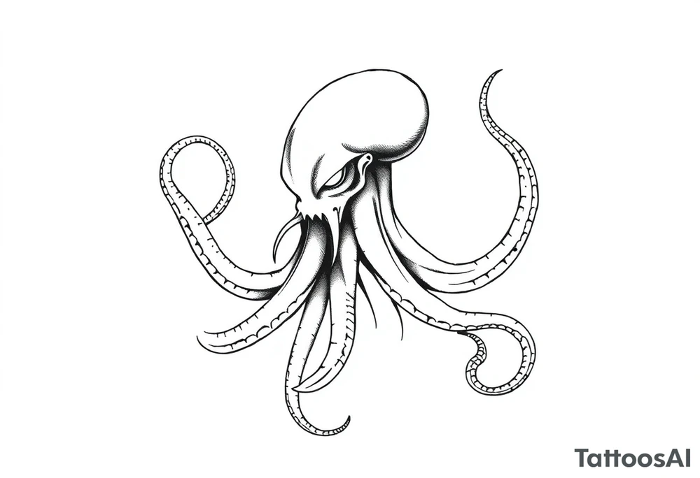 A minimalist blackwork tattoo design of an evil kraken The kraken is viewed from a 45-degree angle facing left, with its head centered. The tentacles extend only to the left and right, with none going downward beneath the head. the tentacles are quite long reaching to the left and right. The style is clean, fine-line detailing with bold outlines, avoiding heavy shading. The tentacles should be fluid, aggressive, and striking, enhancing the menacing and eerie look of the kraken while maintaining a cohesive design for a tattoo sleeve. tattoo idea