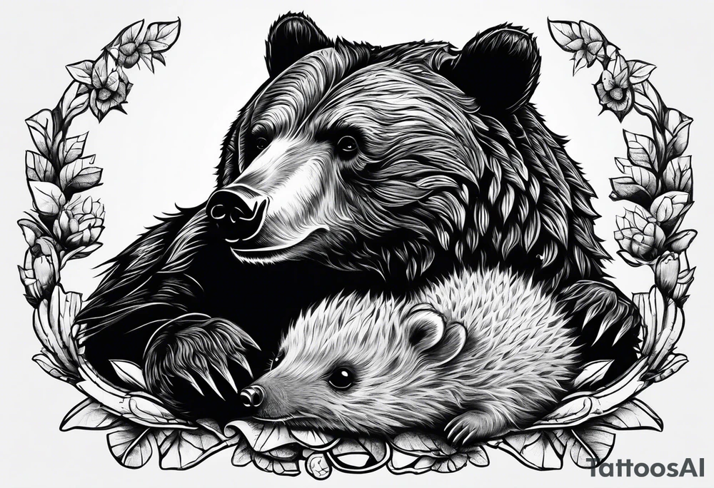 bear lying and has tiny hedgehog in his hands tattoo idea bear lying and has tiny hedgehog in his hands tattoo idea