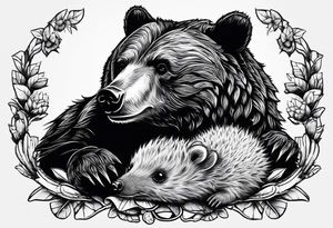 bear lying and has tiny hedgehog in his hands tattoo idea