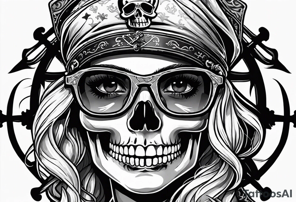 pirate flag with a female skull wearing glasses with two blonde buns and crossbones underneath, no hat tattoo idea