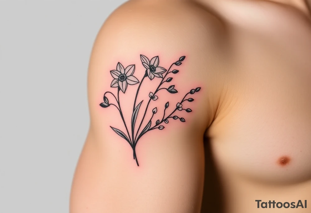 Feminine daffodils, Lily of the valley and larkspur bouquet tattoo idea