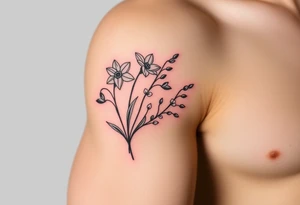 Feminine daffodils, Lily of the valley and larkspur bouquet tattoo idea