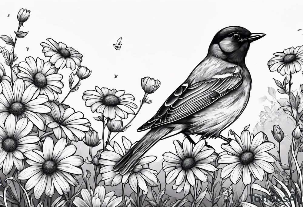 Little bird perched in daisy field tattoo idea