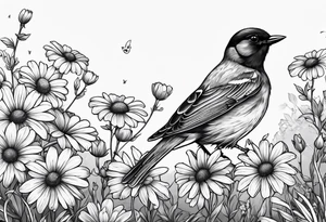 Little bird perched in daisy field tattoo idea