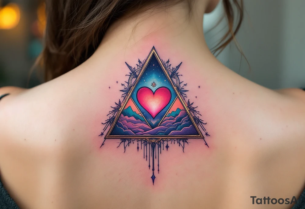 A triangle with a big heart in the center with a world travel theme tattoo idea