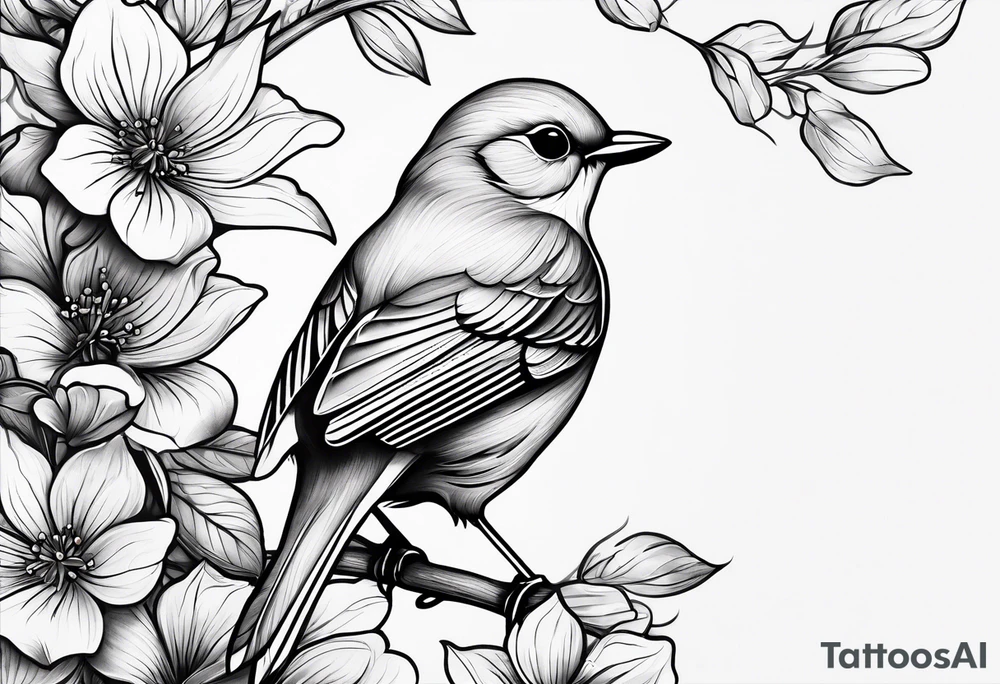 Design a small, elegant tattoo of a nightingale in a gentle pose, surrounded by soft musical notes or floral elements tattoo idea