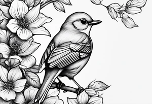 Design a small, elegant tattoo of a nightingale in a gentle pose, surrounded by soft musical notes or floral elements tattoo idea