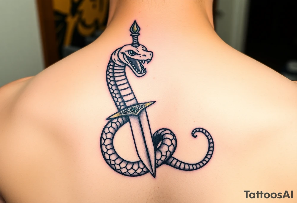 mystical snake coiled around an ancient dagger with jeweled hilt tattoo idea