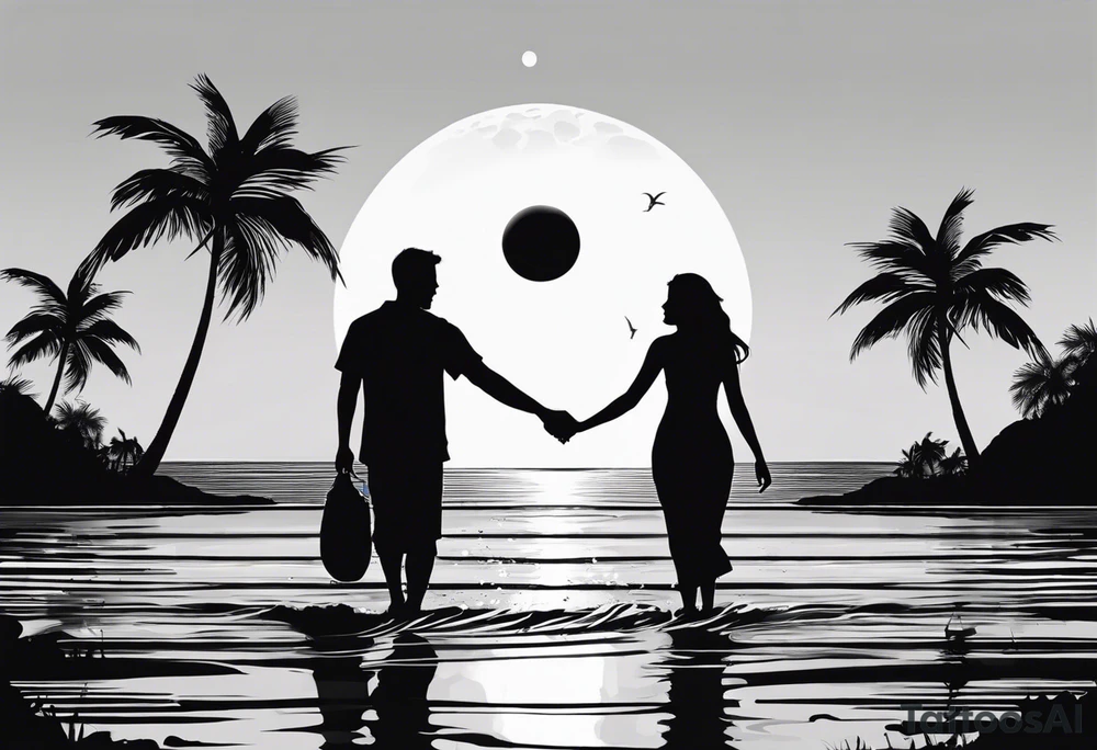 silhouette of two people holding hands on beach water with moon and palm trees tattoo idea