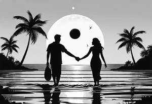 silhouette of two people holding hands on beach water with moon and palm trees tattoo idea
