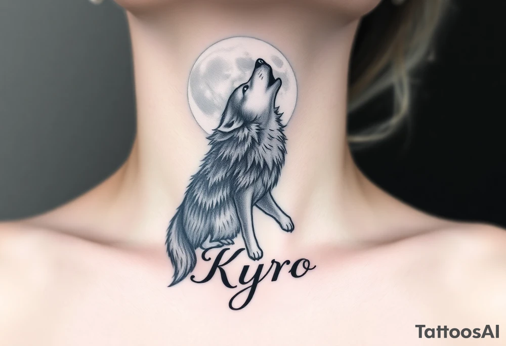 lone wolf howling at full moon with northern lights backdrop with name Kyro tattoo idea