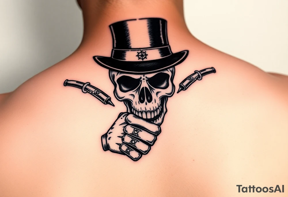 voodoo skull, top hat, dead mans card hand, six guns tattoo idea