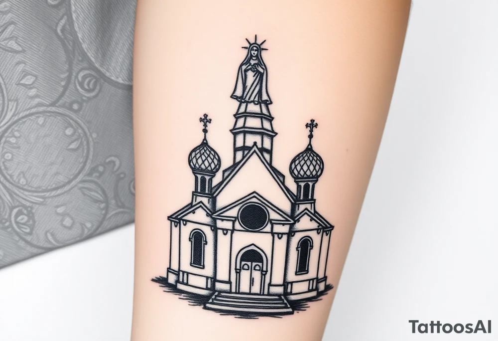 in a dorsal view a detailed medium sized country style orthodox church with onion domes and a band at the front with mist shrouding the top and fading into a virgin mary overlooking above at the top tattoo idea
