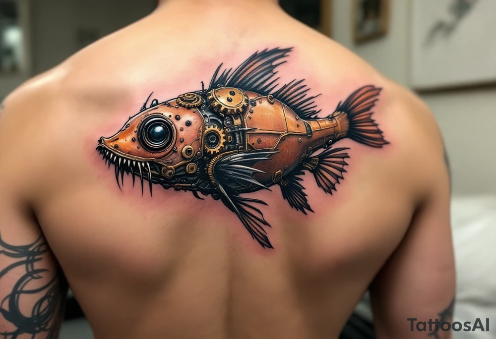 Steampunk Catfish – A mechanical version with bronze and copper body plates, gear-like whiskers, and a rusted tail, blending fish and machine. tattoo idea