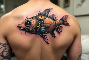 Steampunk Catfish – A mechanical version with bronze and copper body plates, gear-like whiskers, and a rusted tail, blending fish and machine. tattoo idea