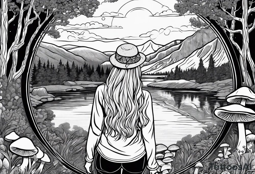 Whole picture encircled fully

Straight long blonde hair hippie girl in distance holding mushrooms in hand facing away toward mountains and creek surrounded by mushrooms long sleeve shirt and hiking pants; whole rendering within a full circle, no cut off circle tattoo idea