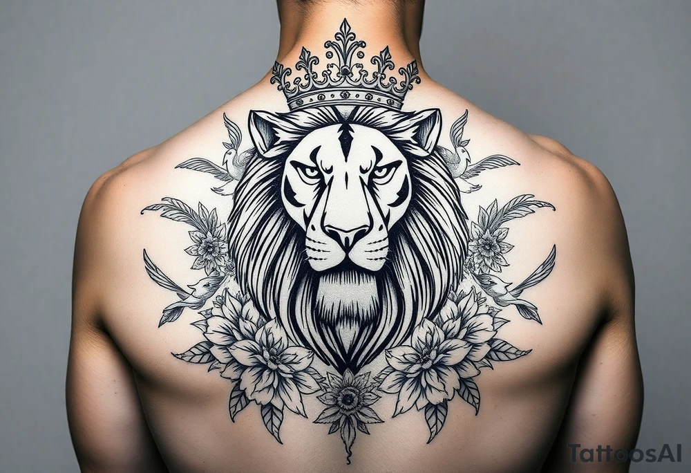 powerful majestic lion with a crown, surrounded by floral ornaments and birds tattoo idea