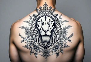 powerful majestic lion with a crown, surrounded by floral ornaments and birds tattoo idea
