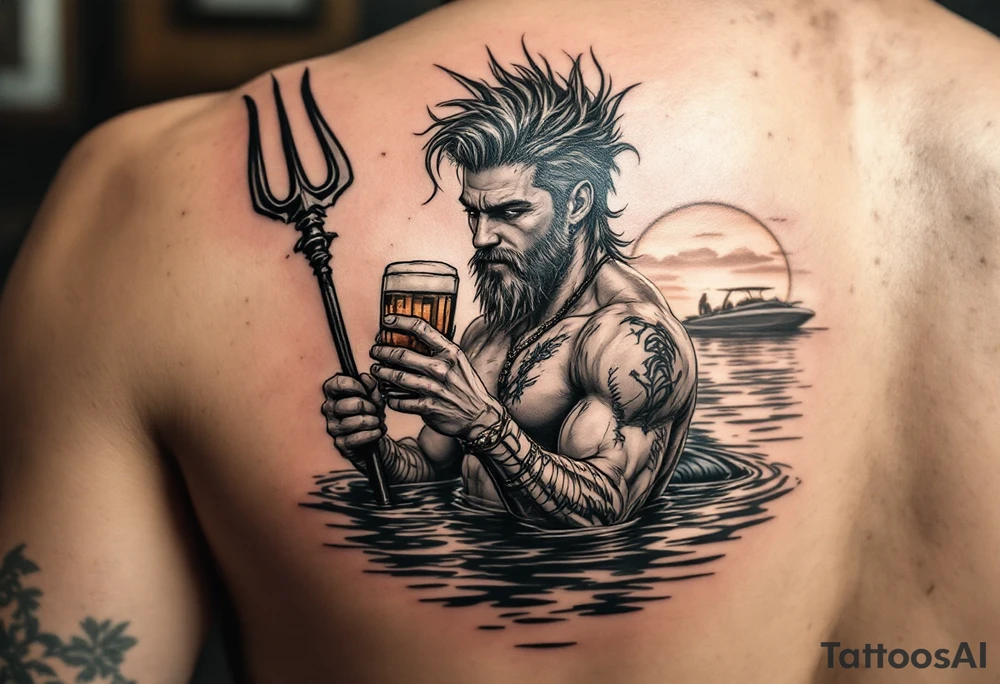 young, happy, fit, short hair, poseidon in calm water, holding a trident, drinking a beer, with sunset, with ski boat tattoo idea