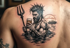 young, happy, fit, short hair, poseidon in calm water, holding a trident, drinking a beer, with sunset, with ski boat tattoo idea