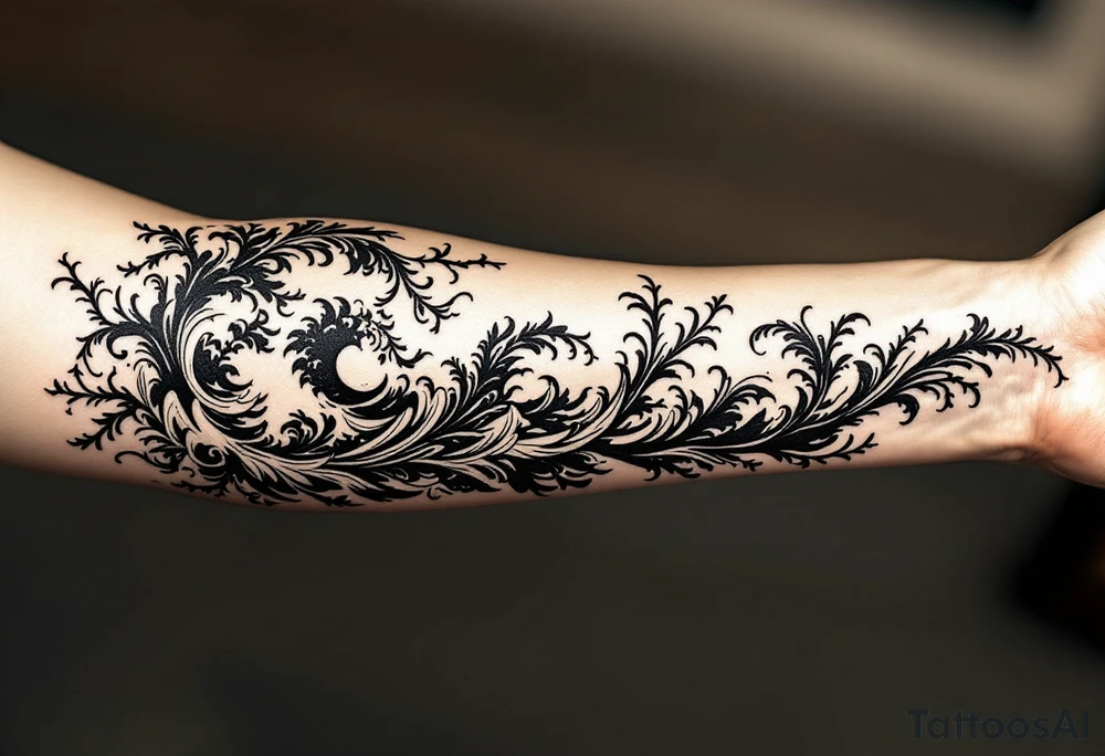 A bold black wave crest curls across the forearm, symbolizing strength and flow. tattoo idea