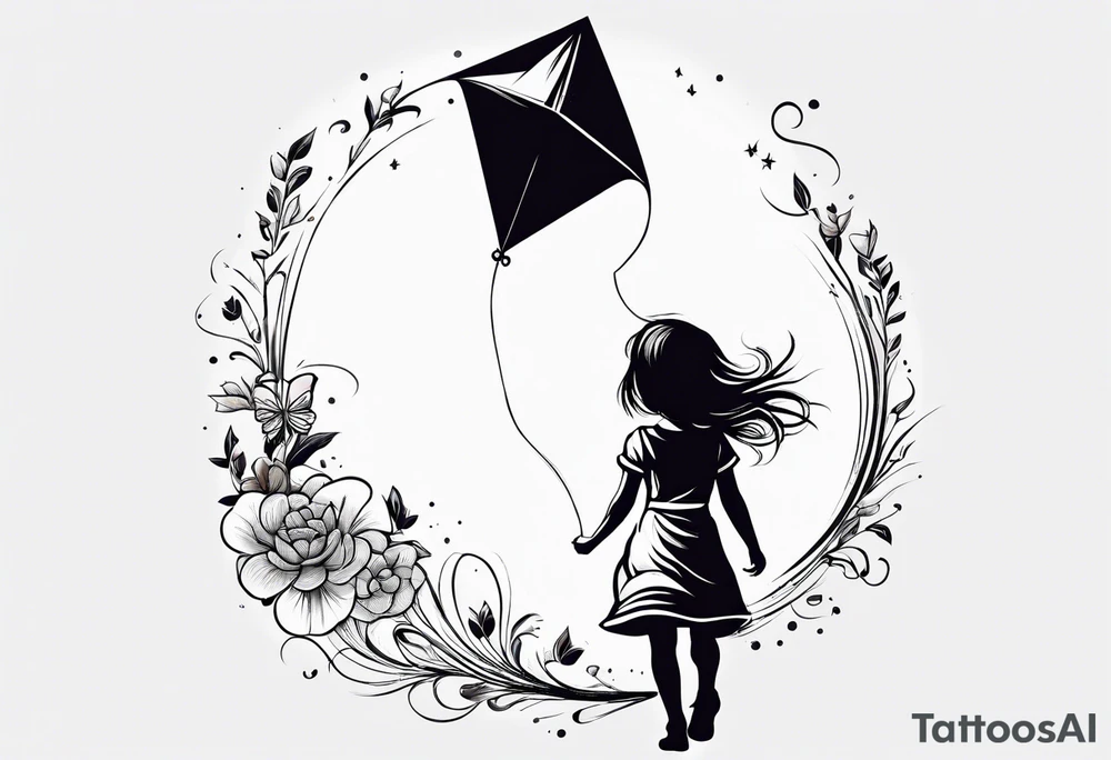 the back of a little girl in a dress, flying a kite tattoo idea