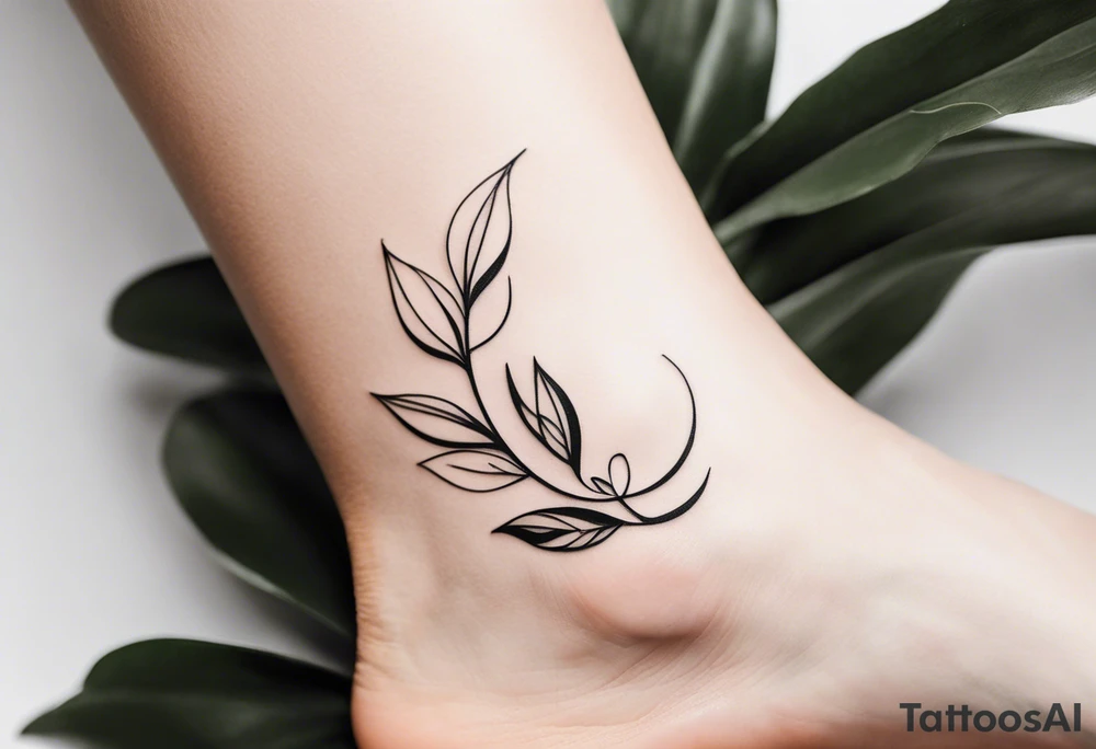 delicate feminine tattoo, plant stem ornament with leaves and shading around the ankle with an overlap on the foot.  at the ends of the stem the letters D, K tattoo idea